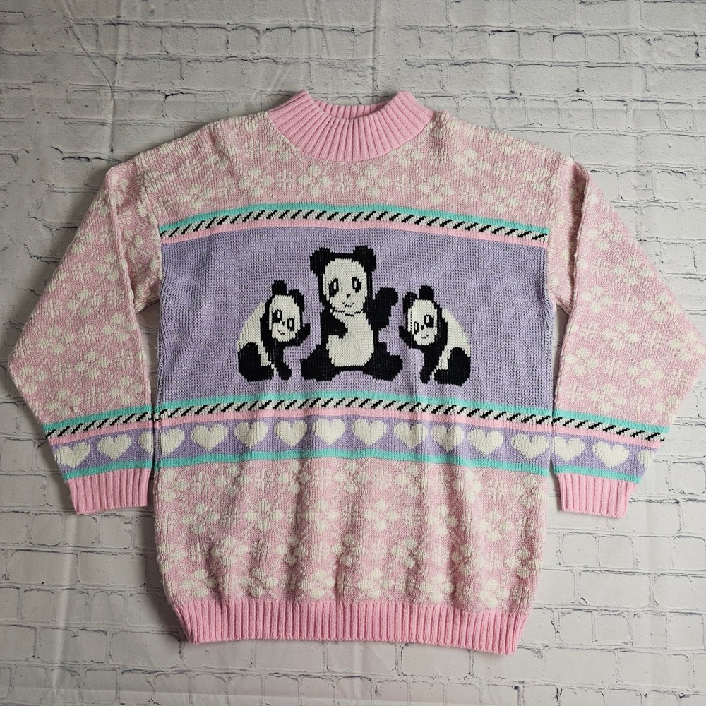 Vintage Adele Knitwear Panda Sweater Pastel Pink Sparkle Made in USA Kawaii